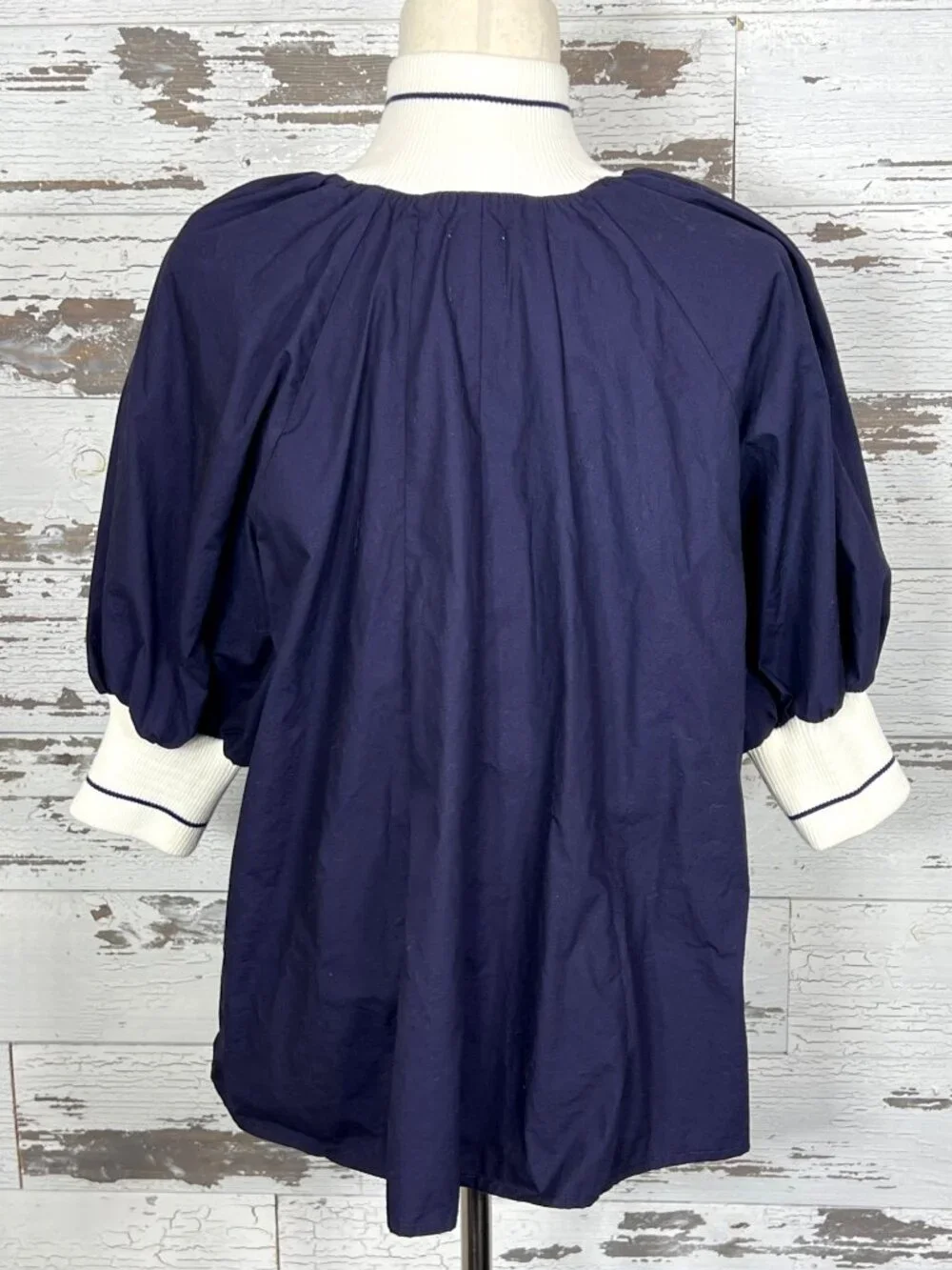ANTHROPOLOGIE MAEVE Half-Zip Puff-Sleeve Sporty Henley Blouse Navy Sz M NWOT